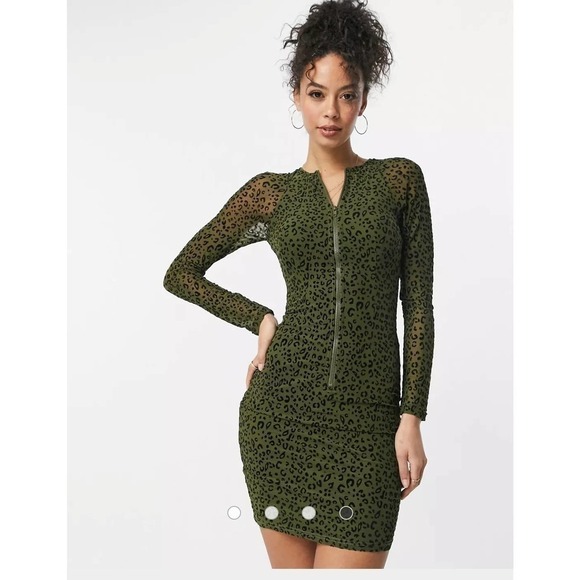 NaaNaa 1/2 Zip Front Green Bodycon Mini Animal Print Women 6 Mesh Dress - Picture 5 of 14